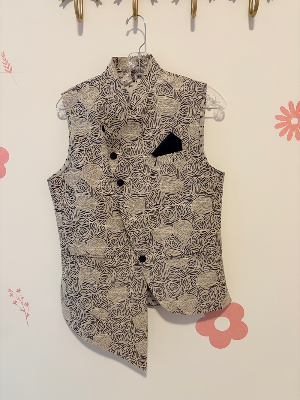 Men's Patterned Nehru Vest - Navy & Cream